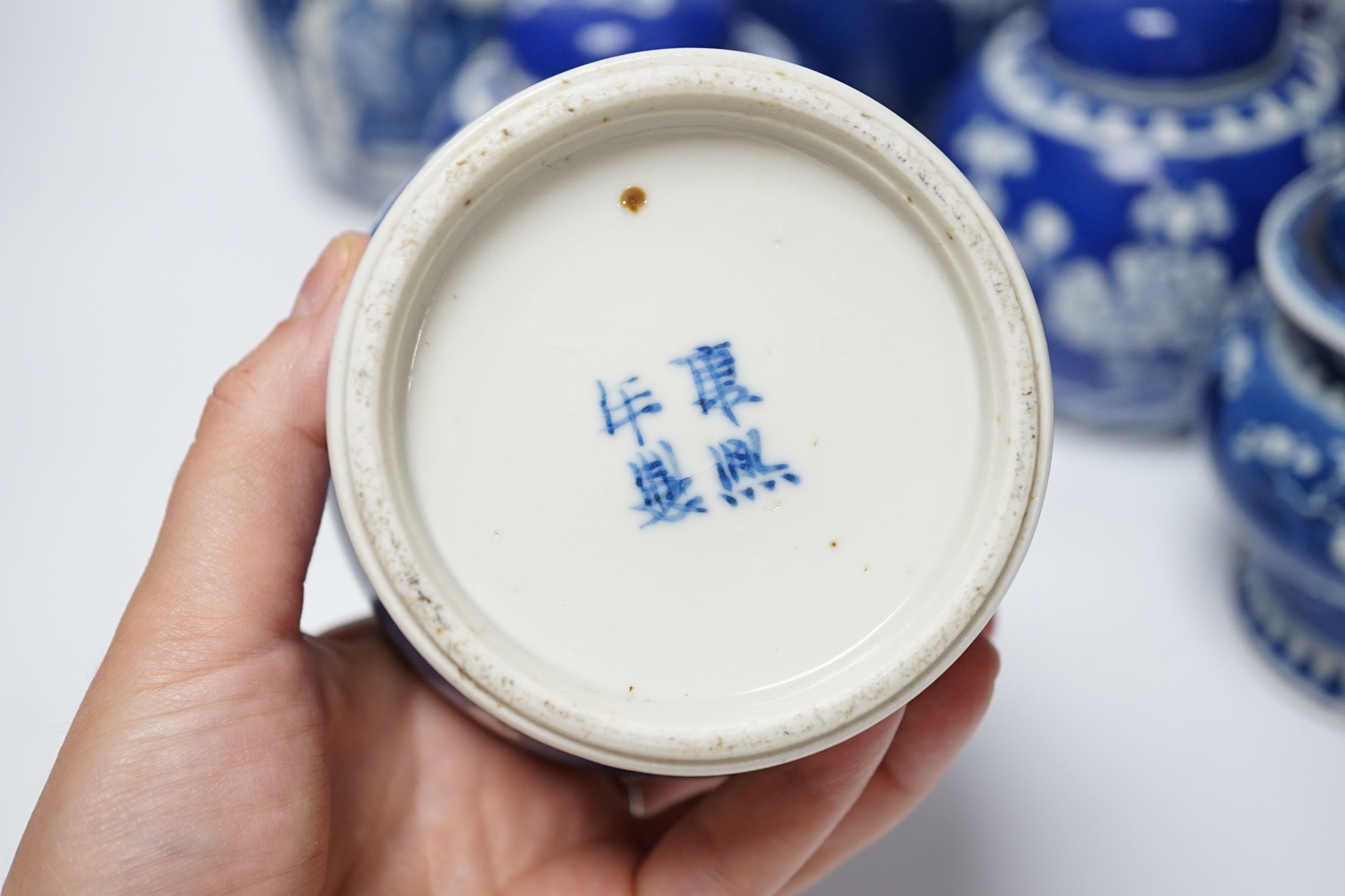 Seven Chinese blue and white Prunus decorated jars and covers, 19th/20th century, tallest 17cm high